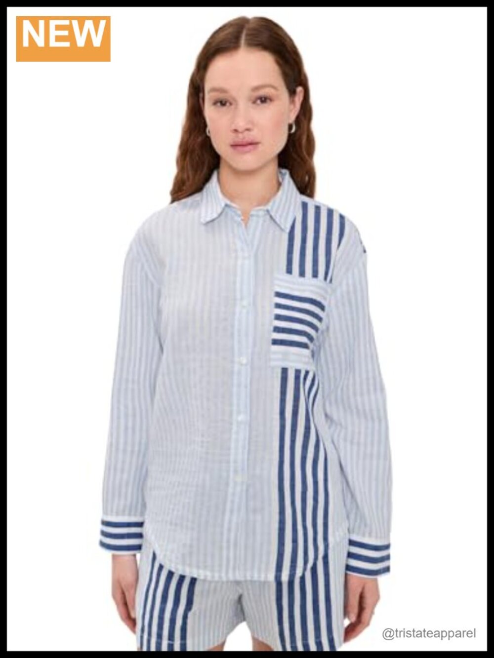 Women's Stripe Button-Down Cotton Shirt Long Sleeve Collared